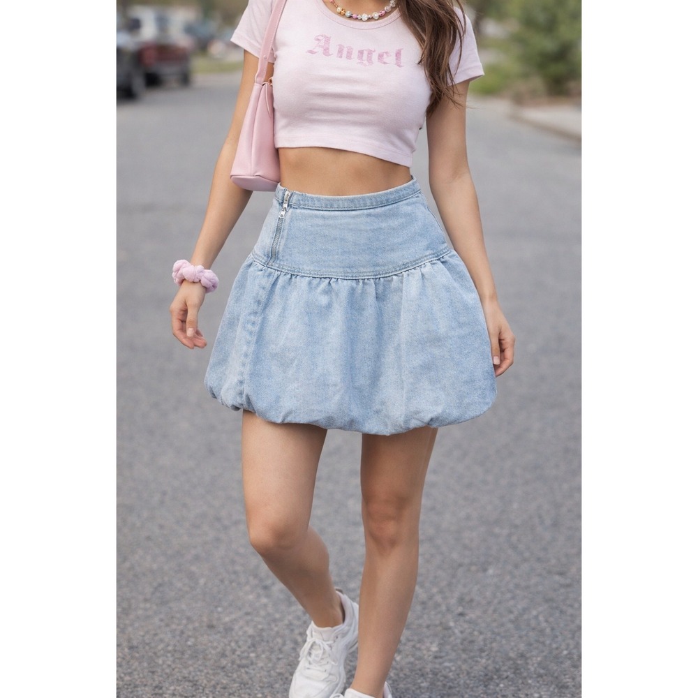 Madden Girl Sweet Revenge Light Wash Denim Bubble‎ Mini Y2K Womens M Spring